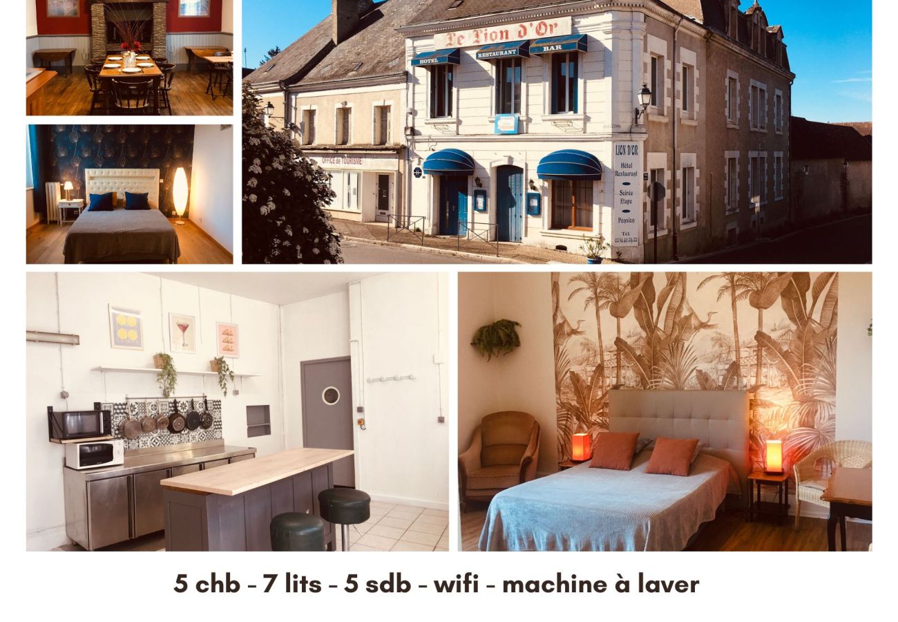 Gîte Rural à Ecueillé - Hebergement 5 chb 5 SDB - 14 pers wifi cour 